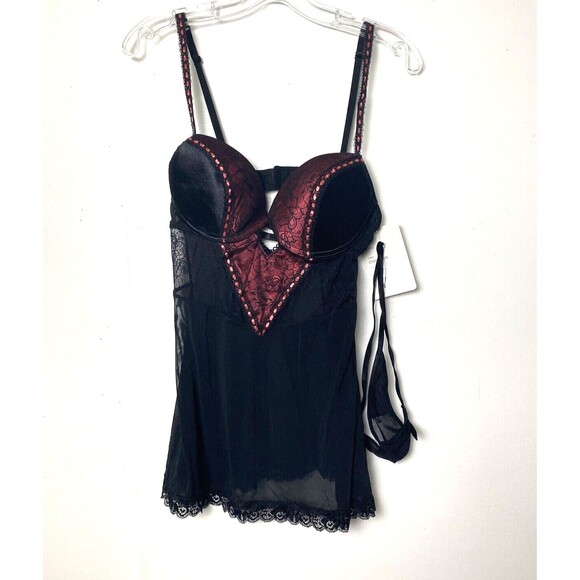 iCollection Babydoll Mesh Lace Overlay Microfiber Coral Black Size M Lingerie - Picture 11 of 11